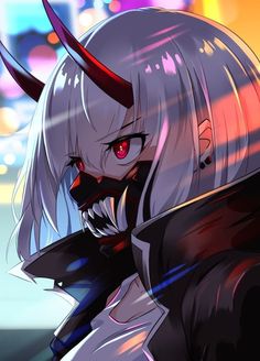 an anime character with long white hair and red eyes, wearing a horned headdress