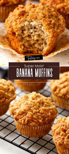 banana muffins on a cooling rack with the words super moister above them