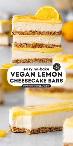 vegan lemon cheesecake bars stacked on top of each other