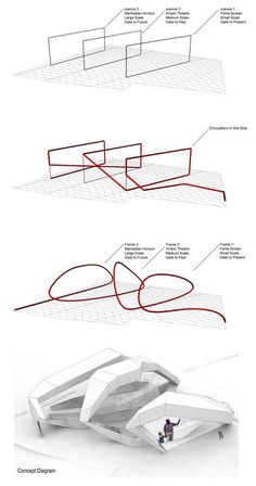 three diagrams showing the different sections of a building with red and white lines on it