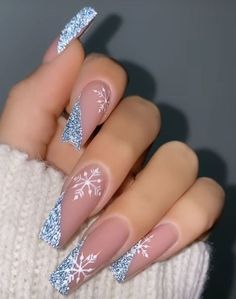 45 Christmas Nail Ideas To Try This Holiday Season | Winter Nails Designs Blue Christmas Nails, Long Square Nails, Sparkle Nails, Acrylic Nails Coffin Short