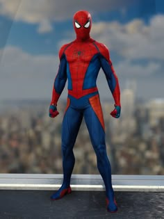 a spider - man standing on top of a roof in front of a cityscape