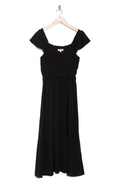 Layer and accessorize this smart midi dress however you want for a look that easily switches from the 9-to-5 to after-hours-ready in seconds. 52 1/2" length Slips on over head Deep V-neck Cap sleeves Partially lined 100% polyester Hand wash, line dry Imported Black Midi Dress For Brunch, Casual Flutter Sleeve Dress For Evening, Black Flutter Sleeve Dress For Brunch, Black Flowy Midi Dress With Ruched Detail, Black Flowy Ruched Midi Dress, Black Flowy Midi Dress For Work, Black Flutter Sleeve Maxi Dress For Spring, Black Flutter Sleeve Dress For Date Night, Chic Black Midi Dress With Flutter Sleeves