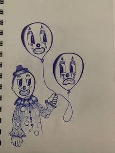 a drawing of two clowns holding balloons with faces drawn on them in blue ink