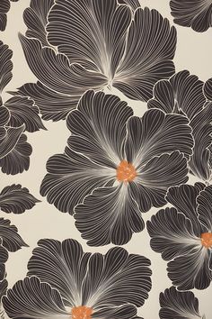 black and white floral wallpaper with orange centers