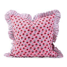 a pink and white pillow with ruffled edges on a white background, the pillows are made from fabric