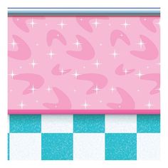 a pink and blue wallpaper with white stars on the top, in front of a checkerboard background