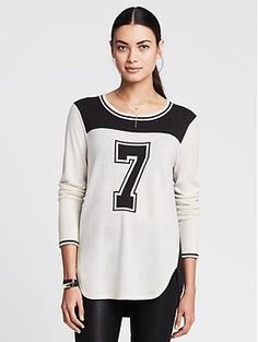 Colorblock Graphic Pullover | Banana Republic Trendy Tops With Shirttail Hem For Fall, Trendy Shirttail Hem Tops For Fall, Fall Sporty Tops With Graphic Print, Sporty Graphic Print Tops For Fall, Trendy Graphic Print Tops For Layering, Fall Varsity Crew Neck Tops, Black Varsity Tops For Spring, Trendy Tan Tops For Fall, Graphic Pullover