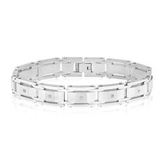 Men's stainless steel bracelet with 11 round brilliant cut diamond accents 8.5 inches in length Male Bracelets Diamond, Luxury Men's Round Diamond Bracelet, Cool Mens Bracelets Diamond, Luxury Diamond Bracelet With Solid Link Construction, Fine Jewelry Sterling Silver Diamond Bracelet, Round Cut, Stainless Steel Bracelet Men, Mens Diamond Bracelet, Helzberg Diamonds, Diamond Chain