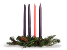 four candles with pine cones and evergreen branches