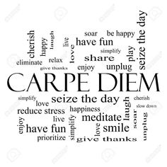 word cloud with the words carped diem written in black on a white background