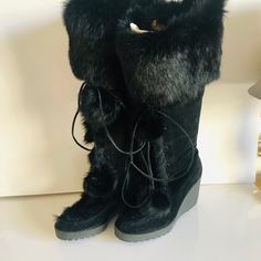 Barely Worn Lace-Up Boots With Fur Pom-Pom Ties. Coach Leather Lace-up Boots, Coach Lace-up Leather Boots, Fur Boots Heels, Thrift Wishlist, Boots With Fur, Comfy Boots, Coach Boots, Clothing Wishlist, Closet Collection