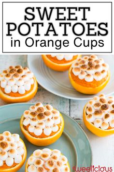 sweet potatoes in orange cups with marshmallows and cinnamon on top for dessert