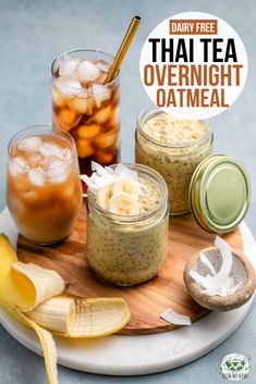 three jars filled with overnight oatmeal and bananas