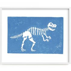 a blue and white print of a dinosaur skeleton