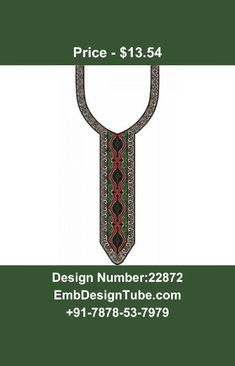 a green and white business card with a tie on it's neckline that says design number 27872 embdesign tube com