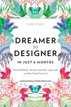 the front cover of a case study for a designer in just 6 months, featuring tropical flowers and butterflies