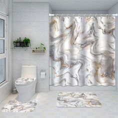 a white bathroom with a marble shower curtain in the middle and a rug on the floor