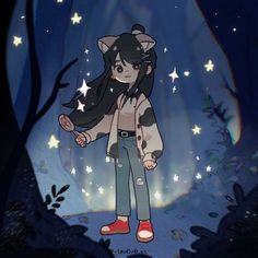 a cartoon character is standing in the woods with her arms around her head and stars all over her body