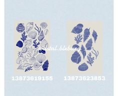 two blue and white pictures with sea shells on them