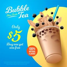 an advertisement for bubble tea with chocolate milk and blackberries in a glass on a blue background