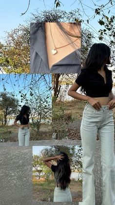 a collage of photos shows a woman in white pants and black top with her hands on her hips