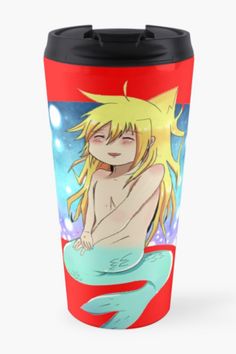 a cartoon character with blonde hair sitting on top of a red and blue background travel mug