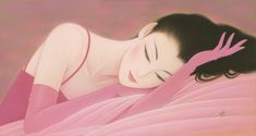 a painting of a woman laying on top of a pink blanket with her eyes closed