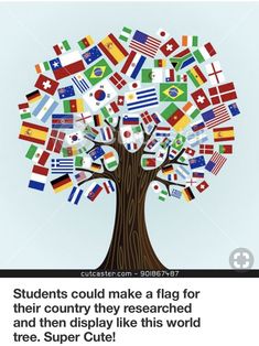 a tree with flags on it that says students could make a flag for their country they research and then display like this world tree