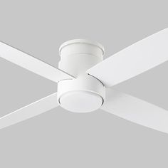 a white ceiling fan with two lights on it's sides and one light on the other side