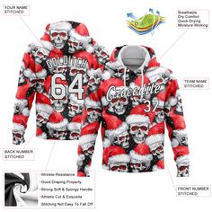 Custom Stitched Red White-Black 3D Skulls And Christmas Santa's Hat Sports Pullover Sweatshirt Hoodie Red Graphic Print Fan Apparel Hoodie, Red Fan Apparel Sweatshirt With Drawstring Hood, Red Sports Hoodie With Adjustable Hood, Red Sports Hoodie With Graphic Print, Black And Red Hoodie, Urban Red Sports Hoodie, Cheap Hoodies, Blue Football, St. Patricks Day