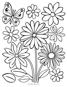 flowers and butterflies coloring pages for kids to print out on their own walls, windows or desks