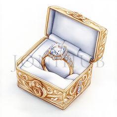 an artistic drawing of a diamond ring in a gold and white box with the lid open