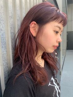 Red Hair Color Over Brown, Ashy Red Hair, Brown Red Hair, Orange Brown Hair, Asian Hair Color, Red Brown Hair Color, Micro Bangs, Hair Color Underneath