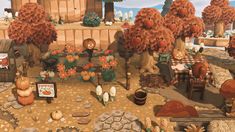 an animated scene with pumpkins and trees