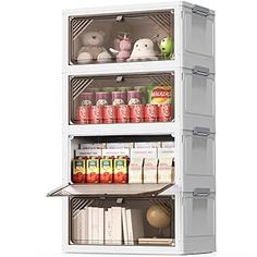 an open refrigerator with three shelves filled with food and drinks on the bottom shelf next to other items