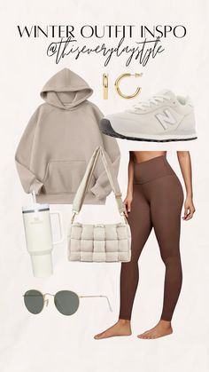 Tan Hoodie Outfit Black Women, Cute Winter Workout Outfits, Outfits With Tan Leggings, Neutral Lululemon Outfit, Mocha Leggings Outfit, Tan Leggings Outfit Casual, Chocolate Brown Leggings Outfit, Socks Over Leggings Outfit Winter, Outfit Inspo With New Balance