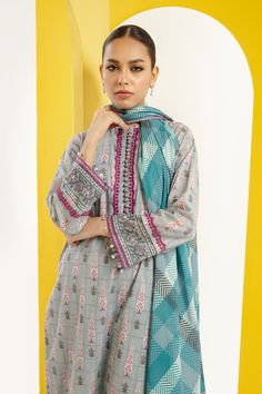 Alkaram MS-3.1-23-Grey Mid Summer Collection Original brand suit fabric and photography lite diffrance in actual print. Festive Gray Long Sleeve Sets, Spring Cotton Sets In Gray, Mid Summer, Shalwar Kameez, Suit Fabric, Pakistani Outfits, Best Brand, Summer Collection, Clothing Brand