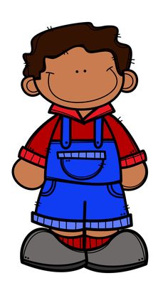 a boy with overalls and a red shirt