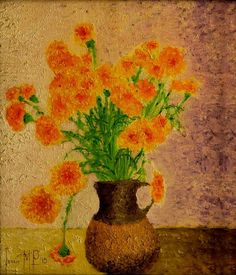 an oil painting of orange flowers in a vase