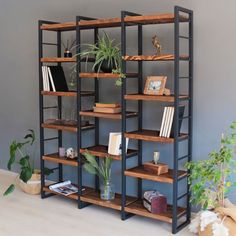 Solid Pine Wood Bookcase with Sturdy Metal Legs Wood And Metal Shelves Wall Units, Clean Industrial Design, Dark Wood Shelves Living Room, Whole Wall Shelves, Farmhouse Wall Unit, Elegant Bookshelf, Office And Library, Dark Wood Shelves, Wooden Study Table