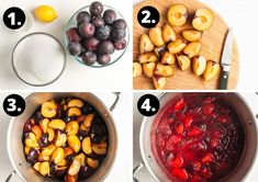 four pictures showing how to make plums in the pot and then put them together