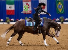 a woman riding on the back of a brown horse in a dirt field with flags behind her