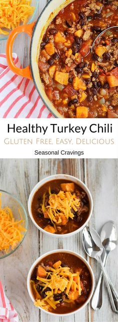 healthy turkey chili with cheese in two bowls