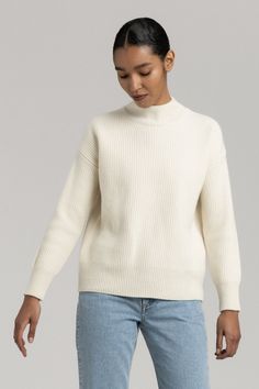 Creme Mock Neck Sweater | 100% Recycled Wool - ASKET Women's Wardrobe Essentials, White Mock Neck, Womens Wardrobe, Half Cardigan, Old Sweater, Funnel Neck Sweater, Pull Off, Cashmere Wool, Mock Neck Sweater