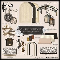 an image of a set of outdoor furniture and accessories for the home or office in vintage style