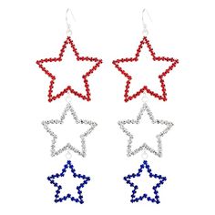 three stars with red, white and blue beads are hanging from silver earwires