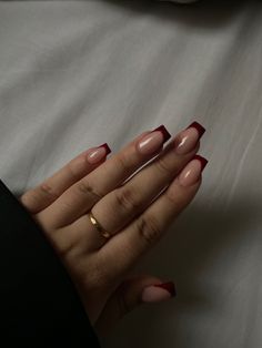 Red Tip Acrylic Nails, Simple Nails Square, Red Tip Nails, Dark Red Nails, Maroon Nails, Red Acrylic Nails, Summery Nails, Casual Nails, Nails Square