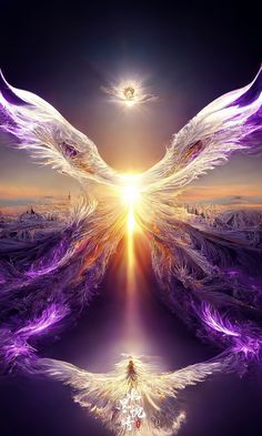 two white birds flying in the sky with purple wings and bright light coming from them