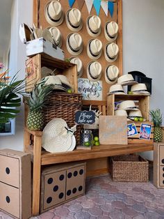 a display with hats and boxes on it